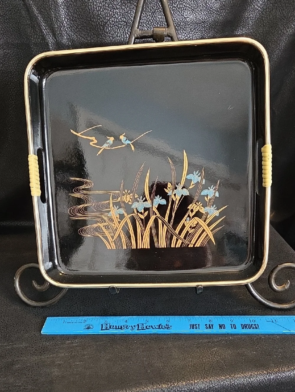 VintageToyo Black Lacquered Floral Serving Trays with Gold Trim